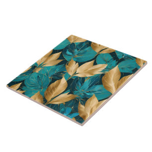 Popular Turquoise Gold Boho Leaves Collection Ceramic Tile