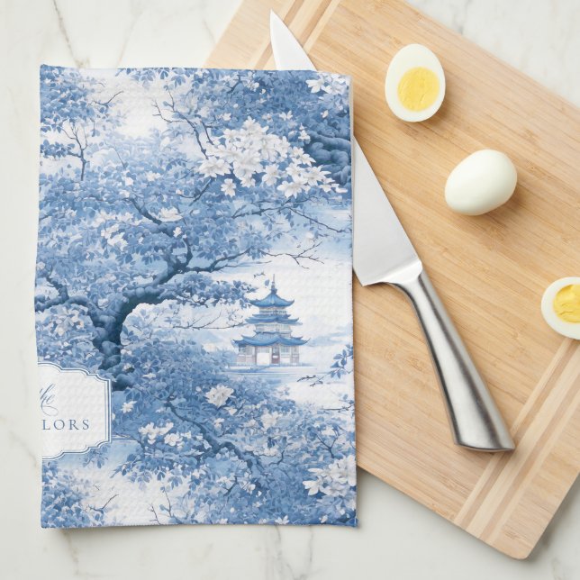 Porcelain Blue Chinoiserie Pattern ID1094 Tea Towel (Quarter Fold)