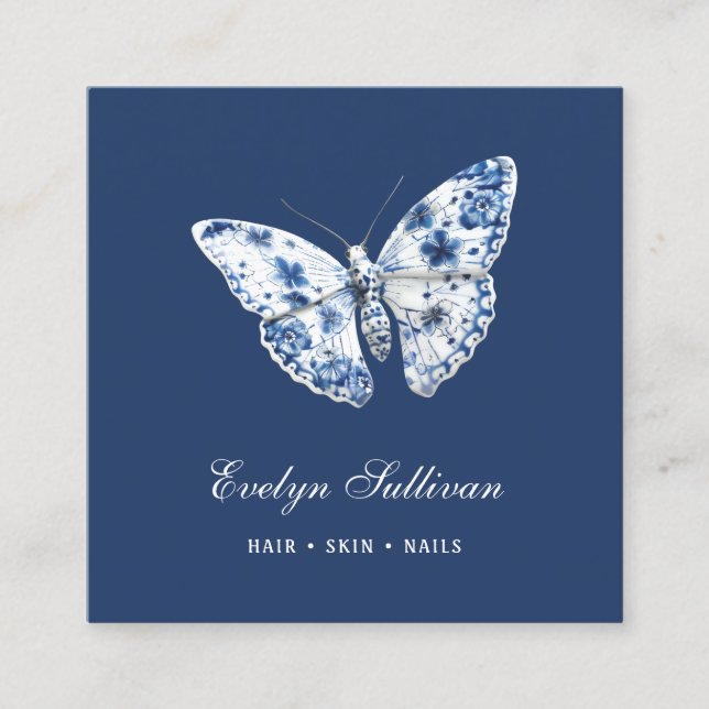 Porcelain butterfly logo on blue business card (Front)