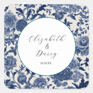Porcelain Elegance: Blue Floral Wedding Square Sticker