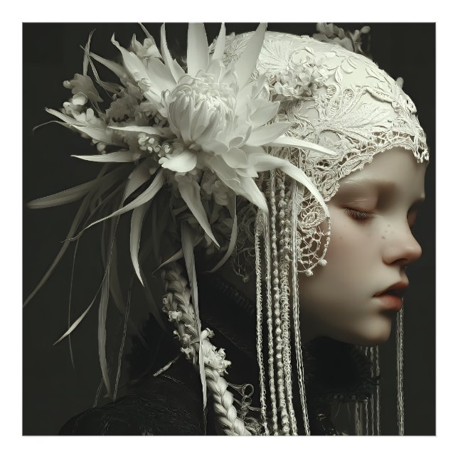 Porcelain Girl Floral Lace Headdress Portrait Photo Print (Front)