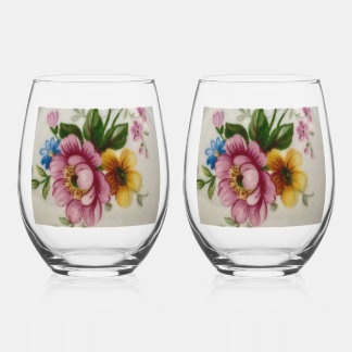 Porcelain Inspired Floral  Stemless Wine Glass
