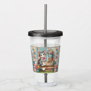 Porch Kitty Floral Patchwork Scene Acrylic Tumbler