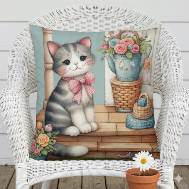 Porch Kitty Floral Patchwork Scene Cushion (Porch Kitty Floral Patchwork Scene Throw Pillow Mockup A)
