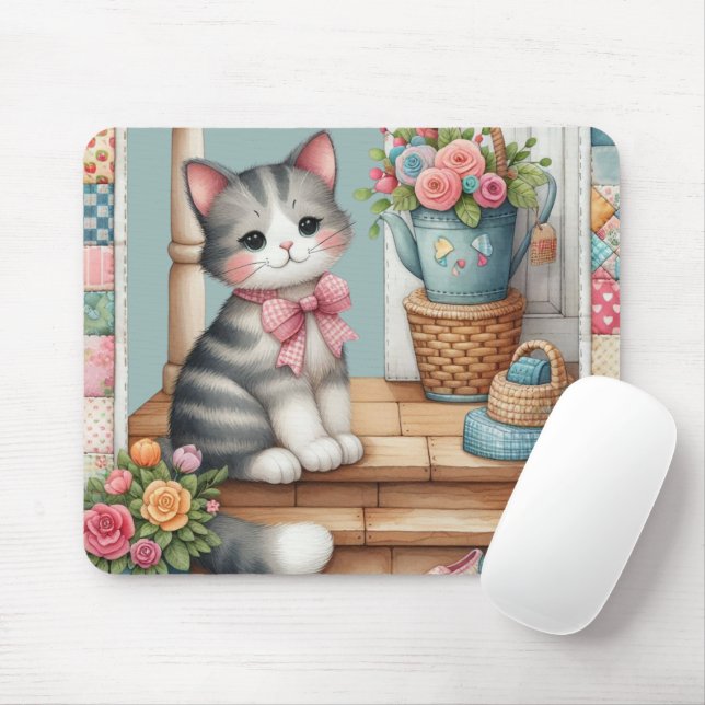 Porch Kitty Floral Patchwork Scene Mouse Pad (With Mouse)