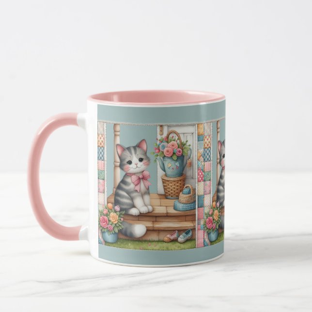 Porch Kitty Floral Patchwork Scene Mug (Left)