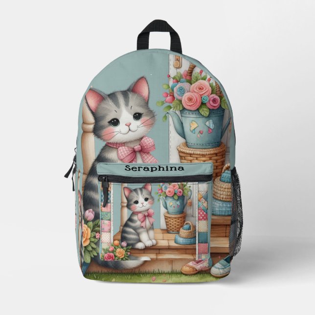 Porch Kitty Floral Patchwork Scene Printed Backpack (Front)