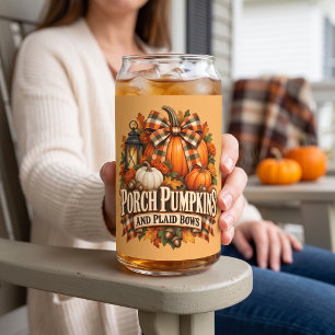Porch Pumpkins Plaid Bows Autumn Cottagecore Can Glass