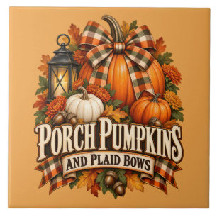 Porch Pumpkins Plaid Bows Autumn Cottagecore Ceramic Tile