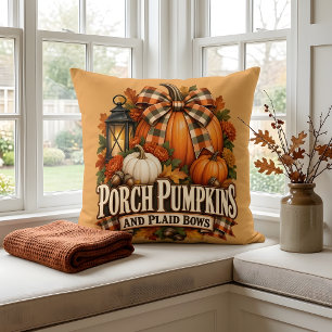 Porch Pumpkins Plaid Bows Autumn Cottagecore Cushion