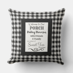 Porch Tea Typography Black and White Buffalo Check Cushion