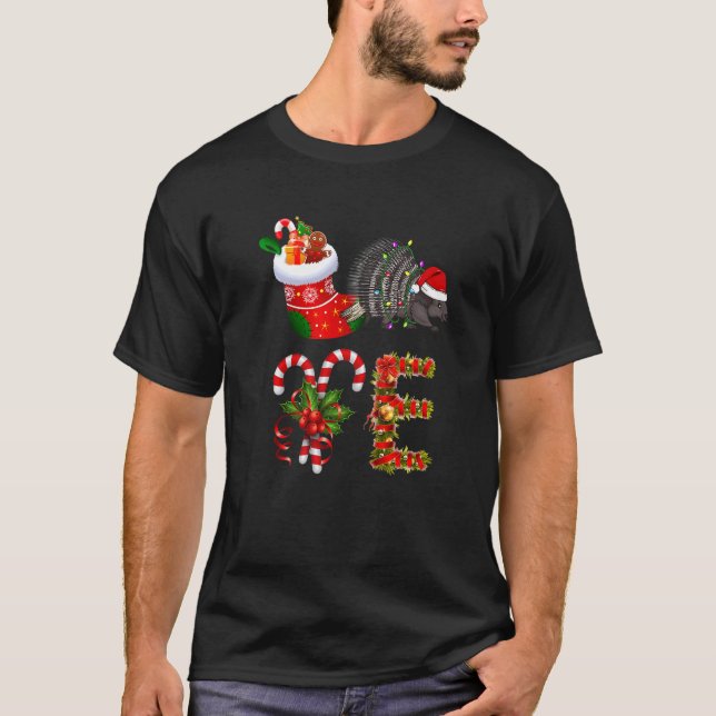 Porcupine Christmas Lights Led Cute Santa Hat Chri T-Shirt (Front)