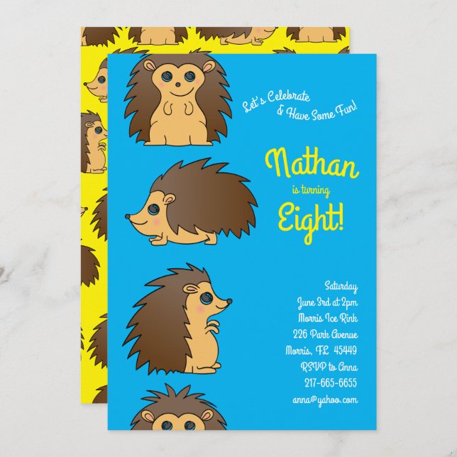 Porcupine Hedgehog Kids Birthday Party Invitation (Front/Back)