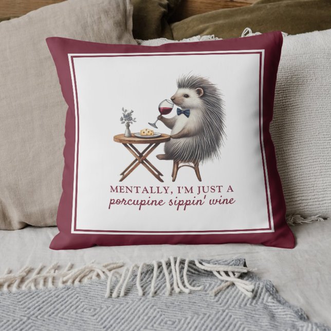 Porcupine Sippin' Wine Funny Decor Burgundy Cushion (Quirky Cute Porcupine Sippin' Wine Pillow - Fun Decor Gift for Wine Lovers and Cozy Home Accents)