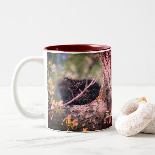 Porcupine Wildlife Nature Personalised Two-Tone Coffee Mug (With Donut)