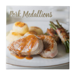 Pork medallions tenderloin with potatoes and beans ceramic tile
