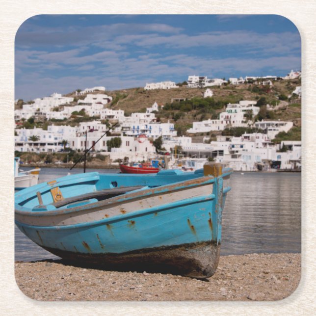 Port and harbour area with Greek fishing boats Square Paper Coaster (Front)