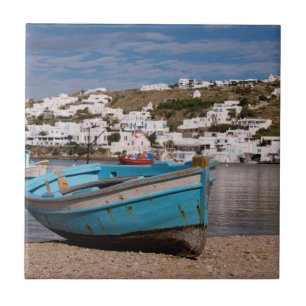 Port and harbour area with Greek fishing boats Tile
