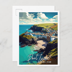 Port Issac England vintage travel illustration Postcard