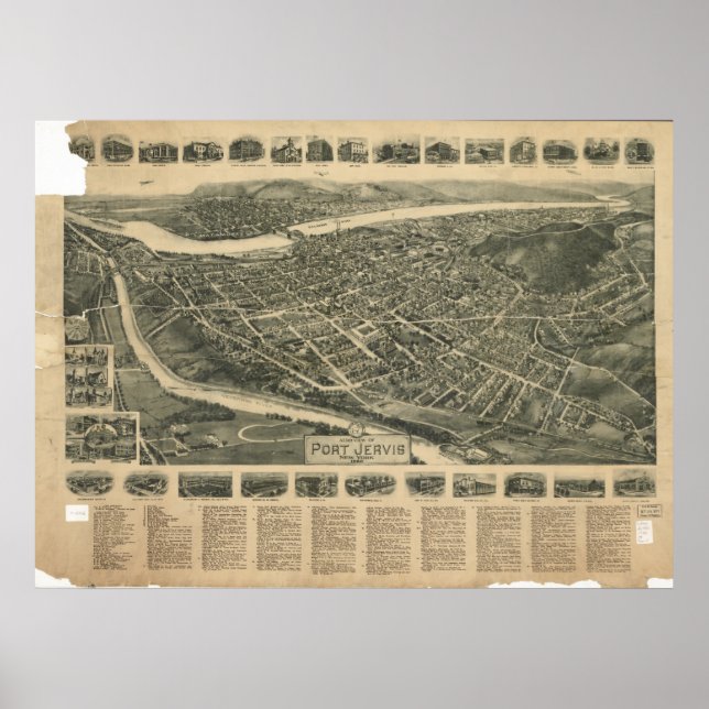 Port Jervis New York 1920 Antique Panoramic Map Poster (Front)
