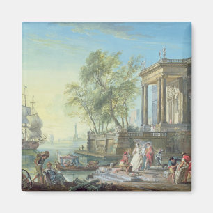 Port Scene with Setting Sun (oil on canvas) Magnet