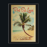 Port St Lucie Palm Tree Vintage Travel Postcard<br><div class="desc">A uniquely retro mid-century modern Port St. Lucie Florida art print in vintage travel poster style. It features a curved palm tree on sandy beach with ocean under a blue cloudy sky.</div>