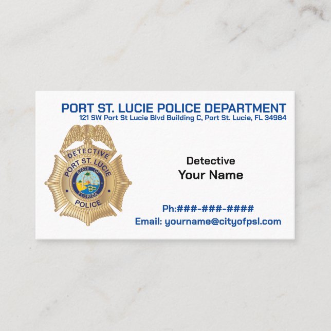 Port St. Lucie Police Detective PSLPD Business Car Business Card (Front)