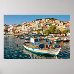 Port with fishing boats in Plomari, Lesvos, Greece Poster