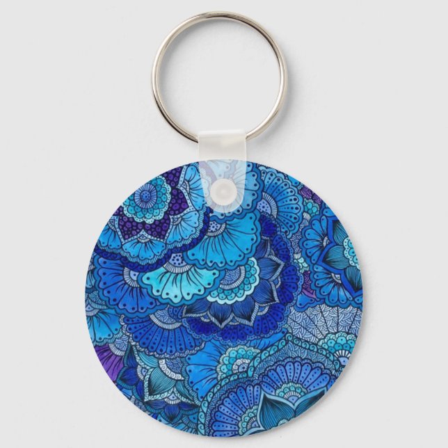 porte clé motif mehndi mandala bleu key ring (Front)