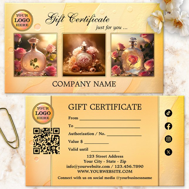 Portfolio Artistic Feminine Gift Certificate (Gift certificate featuring 3 custom photos framed by an artistic feminine ocher and pink design)