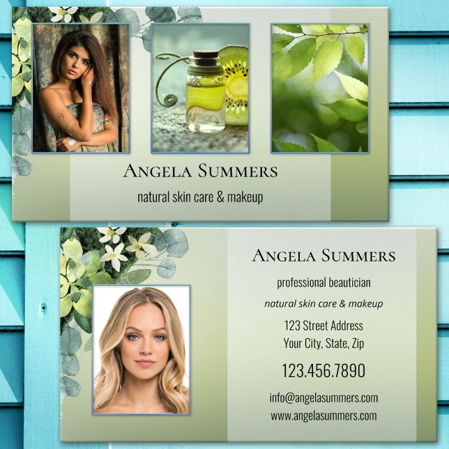 Portfolio Organic Natural Beauty Beautician Business Card (Beautician or spa business card featuring your photos on elegant green watercolor leaves)
