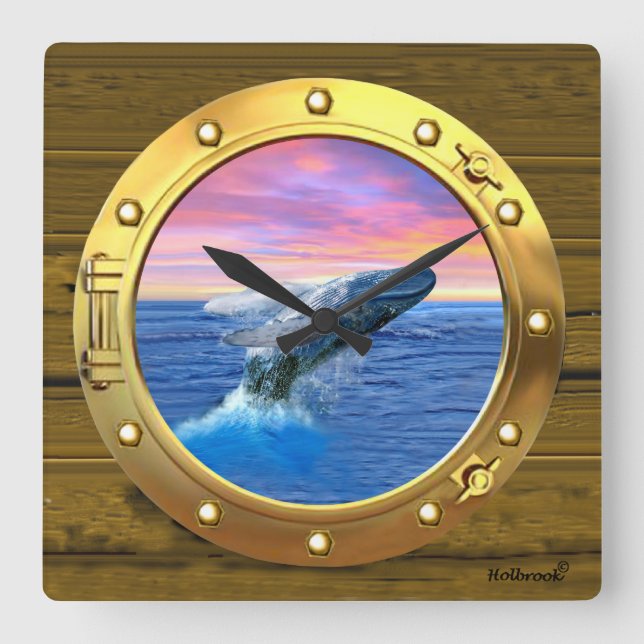 Porthole View of a Breaching Whale Square Wall Clock (Front)