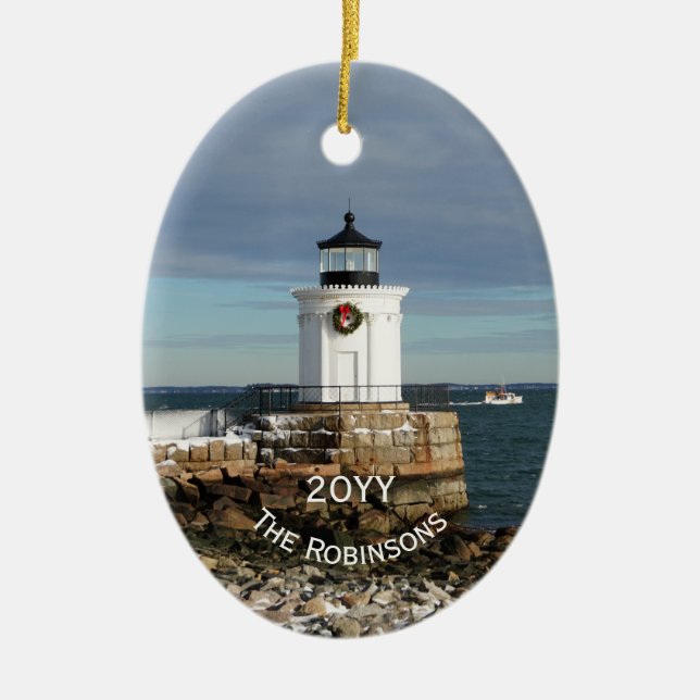 Portland Breakwater Lighthouse Christmas Ceramic Ornament (Front)