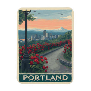 Portland City of Roses – Rose Garden & Skyline Magnet
