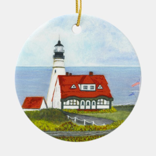 PORTLAND HEAD LIGHT by Brigid O'Neill Hovey Ceramic Ornament (Front)