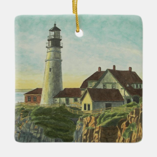 Portland Head Light Watercolor Ceramic Ornament (Front)