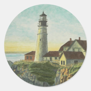 Portland Head Light Watercolor Classic Round Sticker