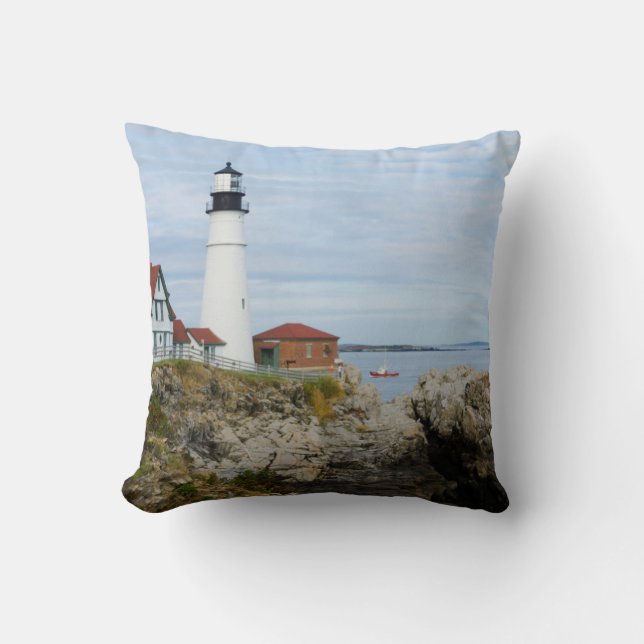 Portland Headlight lighthouse on rocky shore Cushion (Front)