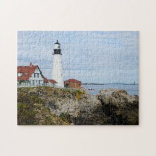 Portland Headlight lighthouse on rocky shore Jigsaw Puzzle
