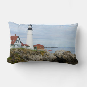 Portland Headlight lighthouse on rocky shore Lumbar Cushion