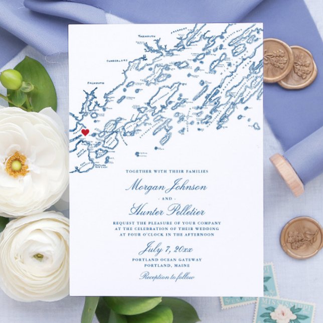 Portland Maine Casco Bay Elegant Navy Map Wedding Invitation (Portland Maine Wedding Invitation with Elegant Navy Blue Casco Bay Map from Coastal Map Designs)