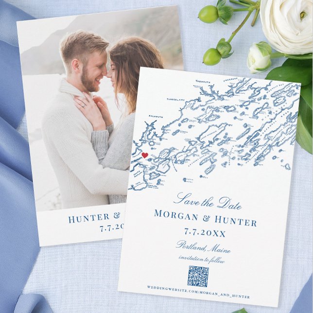 Portland Maine Casco Bay Elegant QR code Save The Date (Portland Maine map Save the Dates with QR code for your Casco Bay destination wedding website.)