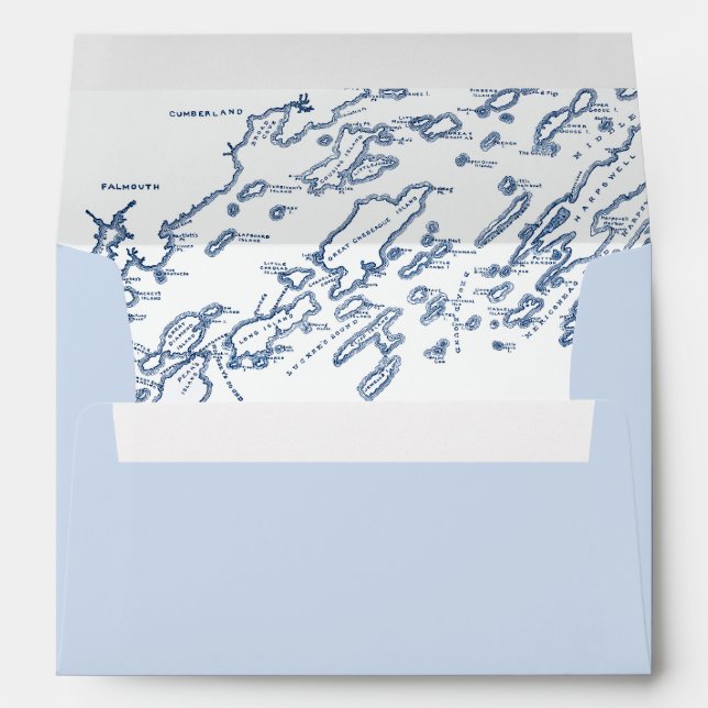 Portland Maine Casco Bay Map Light Blue Wedding Envelope (Back (Bottom))