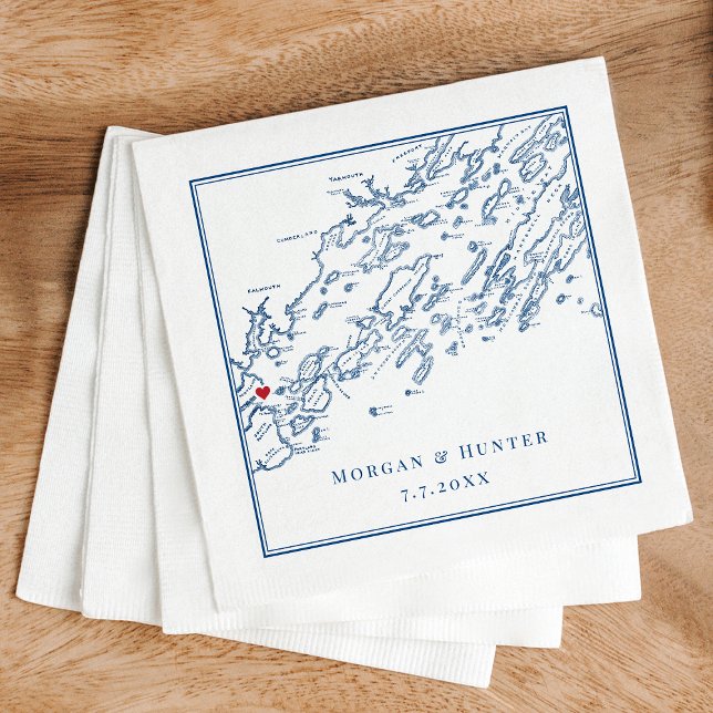 Portland Maine Casco Bay Map Navy Elegant Wedding Napkin (Casco Bay Map Napkins personalized for a wedding in Portland Maine in elegant navy blue)
