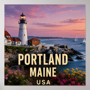 Portland Maine Lighthouse Coastal Travel Gift Poster
