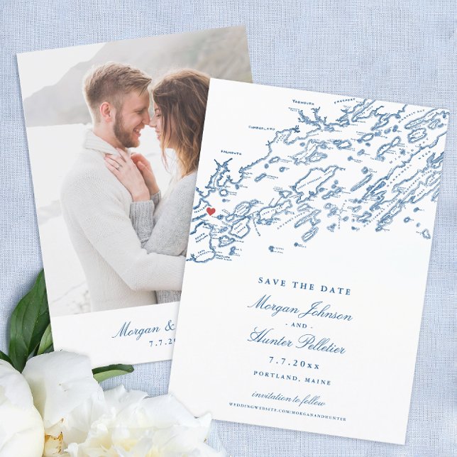 Portland Maine Map Elegant Wedding Save The Date (Elegant Portland Maine Wedding Save the Dates with navy blue Casco Bay map and photo on the back)