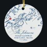 Portland Maine Map Newlywed Keepsake Christmas  Ceramic Ornament<br><div class="desc">Celebrate their love with a personalised wedding keepsake Christmas ornament, featuring a refined navy blue map of Casco Bay in Portland, Maine. This elegant ornament highlights iconic venues like Ocean Gateway, Brick South, The Portland Company Complex, DeMillo's, and Portland Schooner Co., capturing the coastal charm of their special day. With...</div>