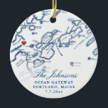 Portland Maine Map Newlywed Keepsake Christmas  Ceramic Ornament<br><div class="desc">Celebrate their love with a personalised wedding keepsake Christmas ornament, featuring a refined navy blue map of Casco Bay in Portland, Maine. This elegant ornament highlights iconic venues like Ocean Gateway, Brick South, The Portland Company Complex, DeMillo's, and Portland Schooner Co., capturing the coastal charm of their special day. With...</div>