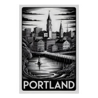 Portland Maine Skyline Black White Woodcut