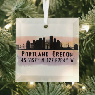 Portland OR City Skyline Latitude and Longitude Glass Tree Decoration